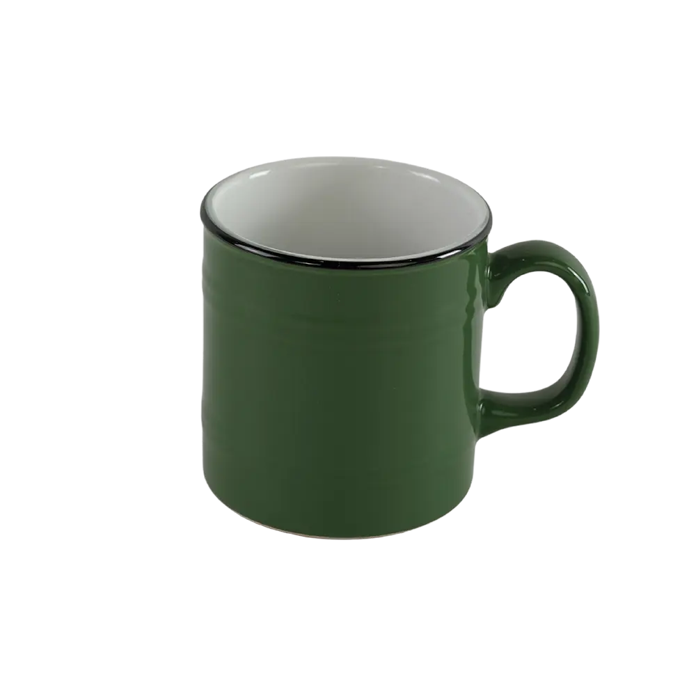 Ceramic barrel shaped green mug with handle & black rim