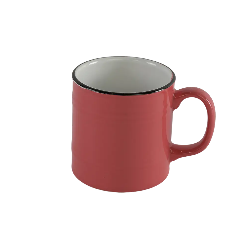 Ceramic barrel shaped orange mug with handle & black rim