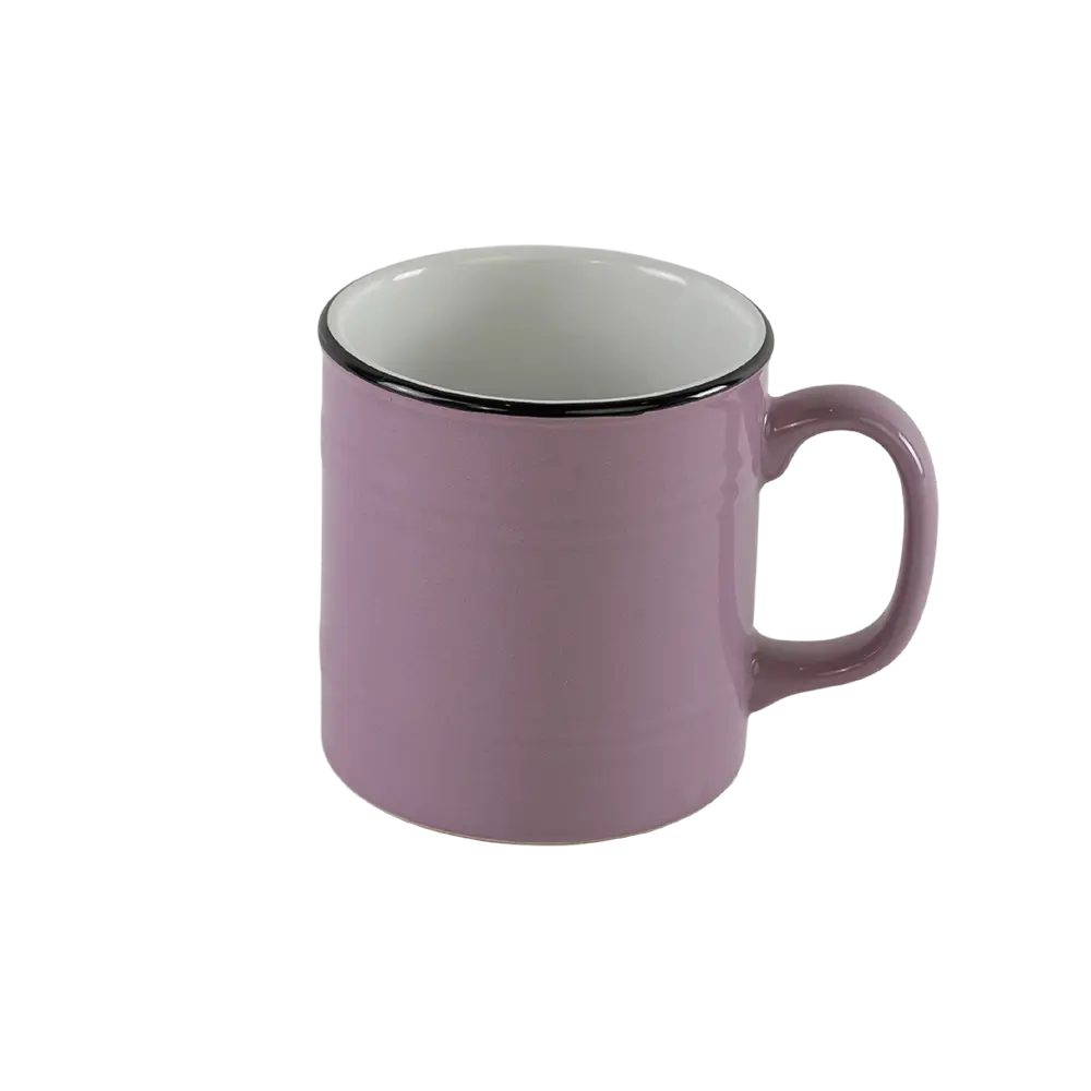 Ceramic barrel shaped purple mug with handle & black rim