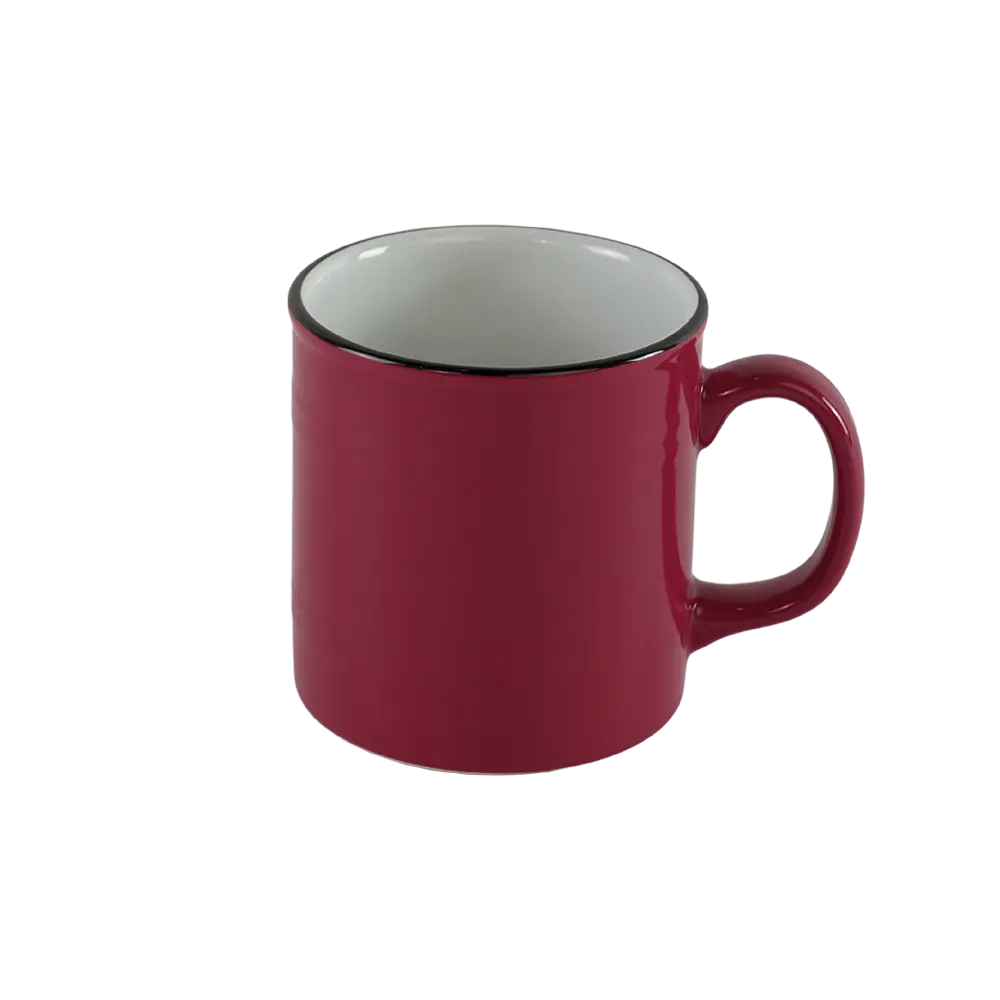 Ceramic barrel shaped red mug with handle & black rim