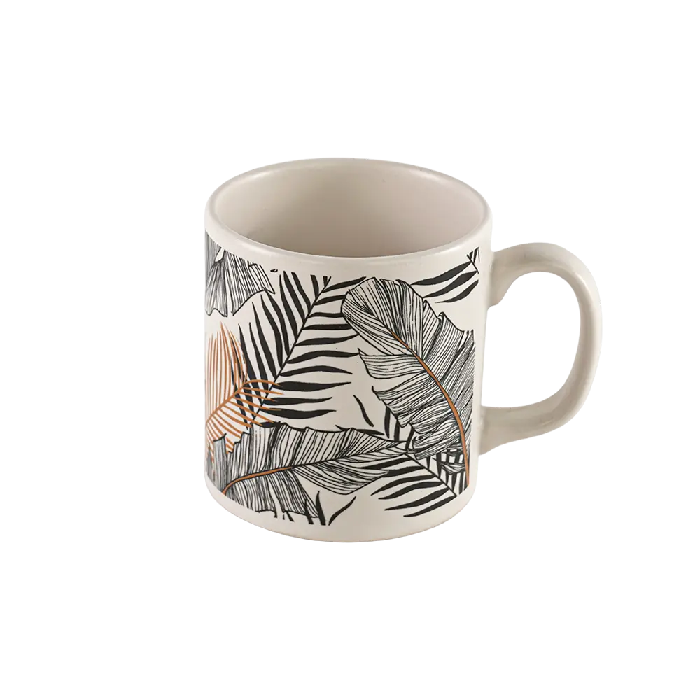 Ceramic black leaves design white mug