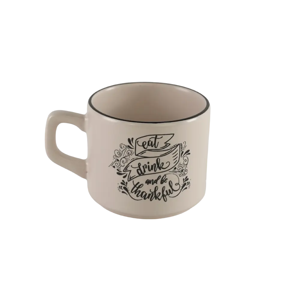 Ceramic offwhite small mug with handle & black rim