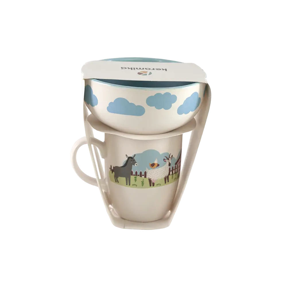 Ceramic white & blue mug with bowl