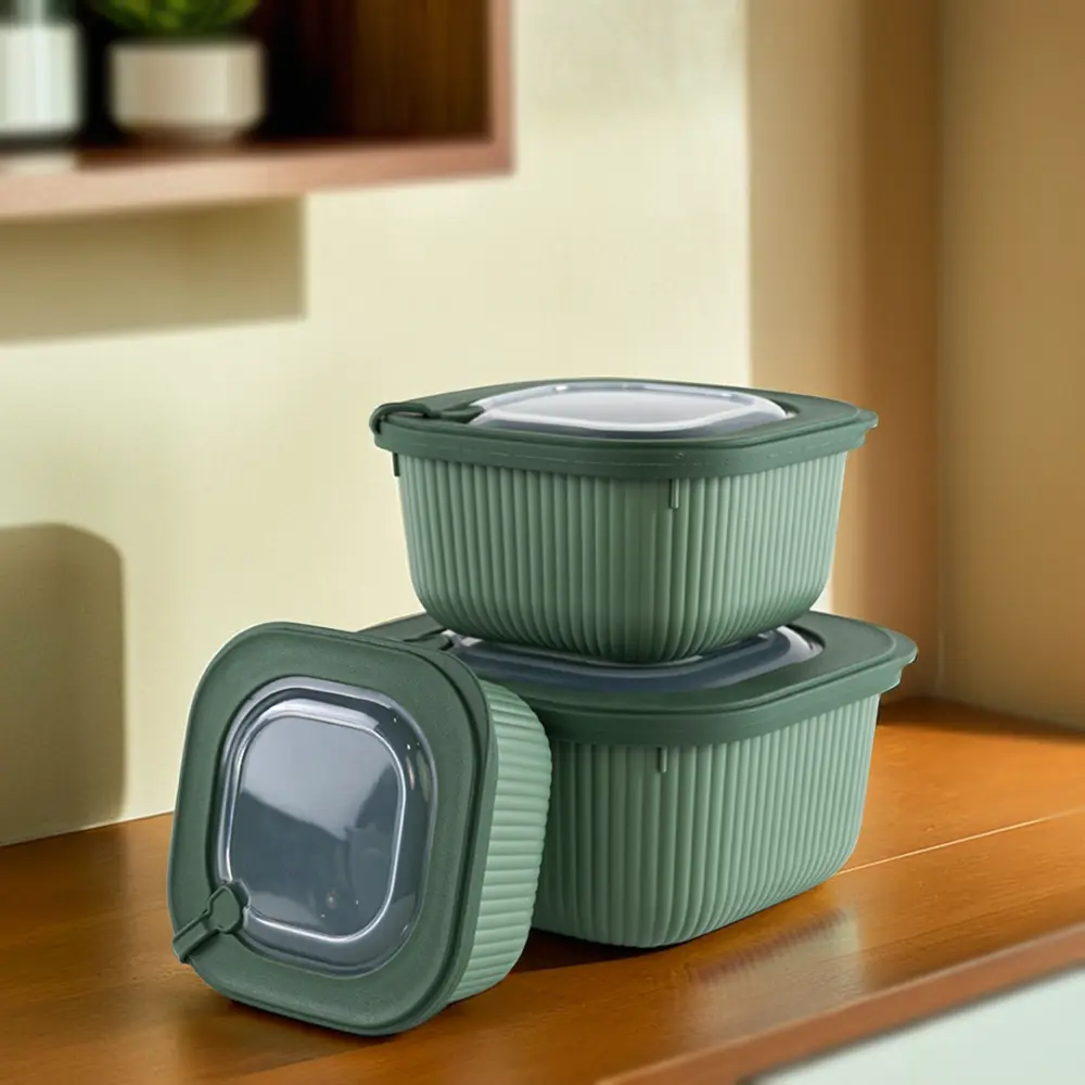 Dunya 3pcs ribbed design green storage containers set1