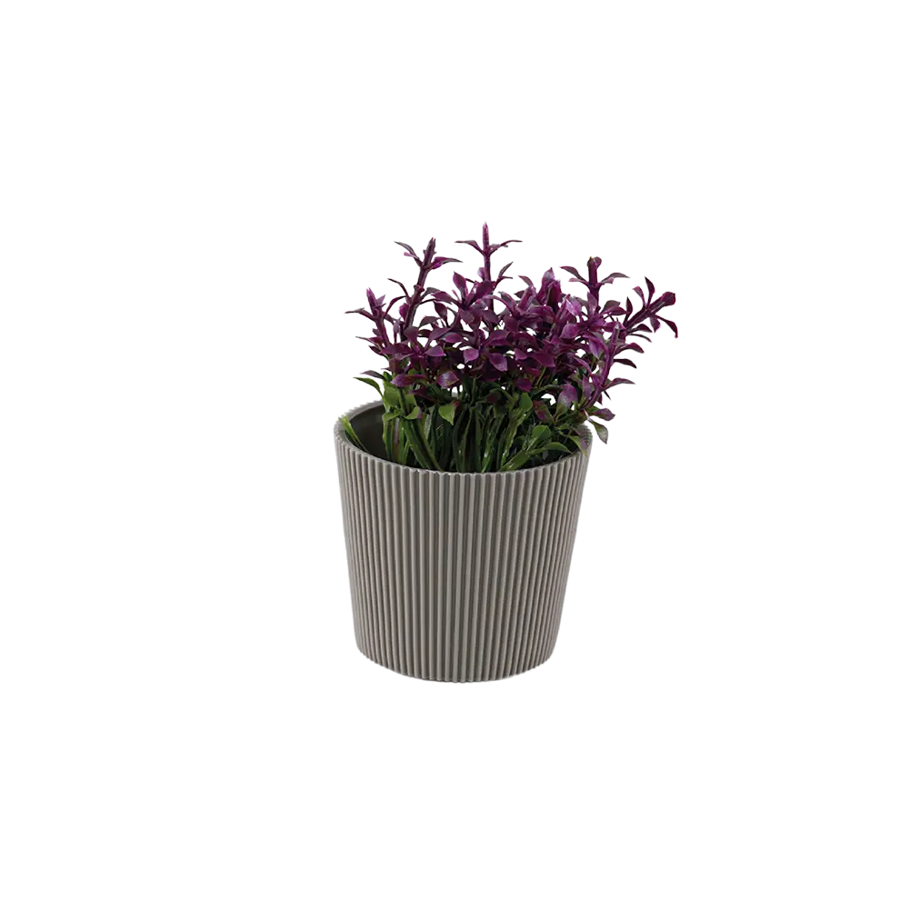 Eva-Dark-Purple-Plant-with-Ribbed-Design-Beige-Vase Eva dark purple plant with ribbed design beige vase