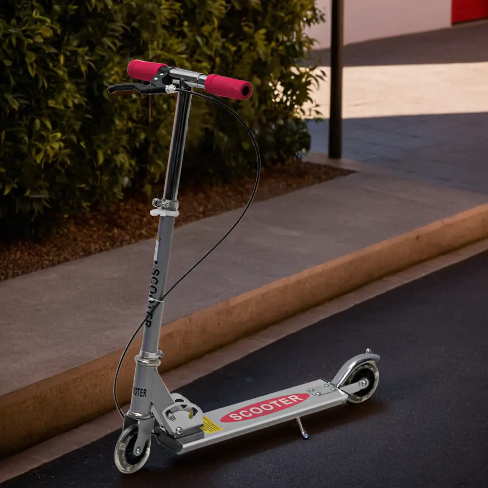 Metal folding 2 wheels silver & red scooter with light1