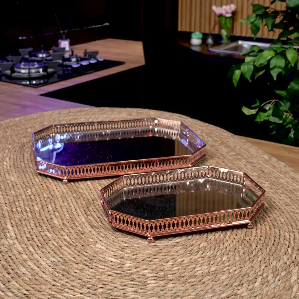 Bronze octagonal shaped 2pcs mirror tray set1