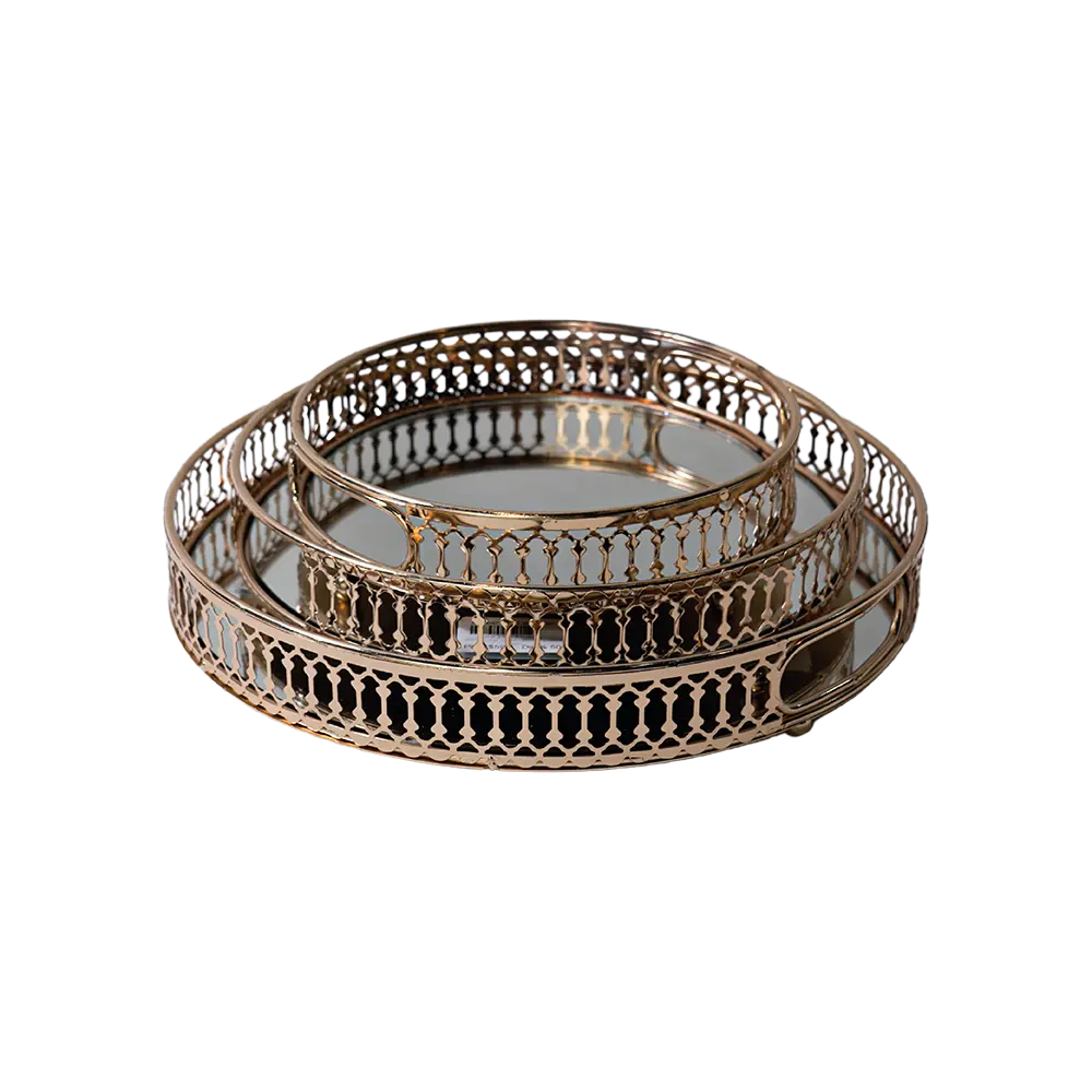 Gold circular 3pcs mirror tray set