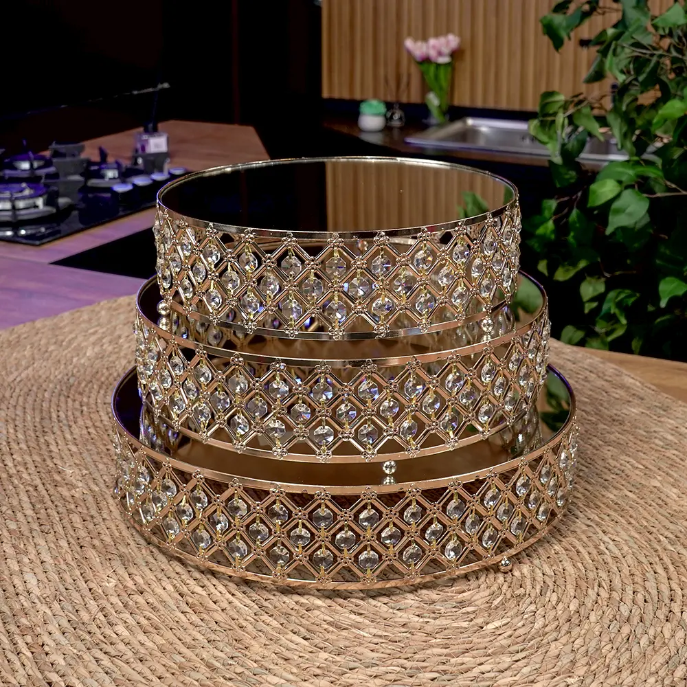 Gold circular shaped 3pcs mirror tray set1