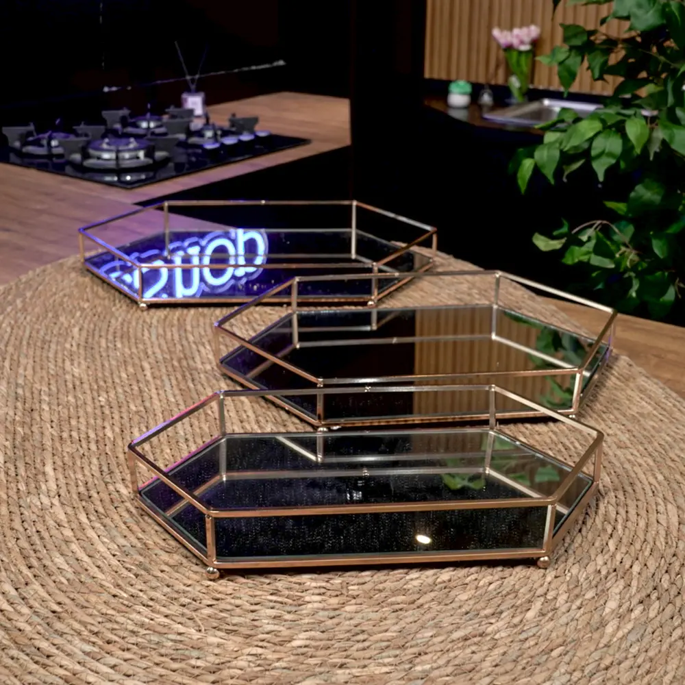 Gold hexagonal shaped 3pcs mirror tray set1