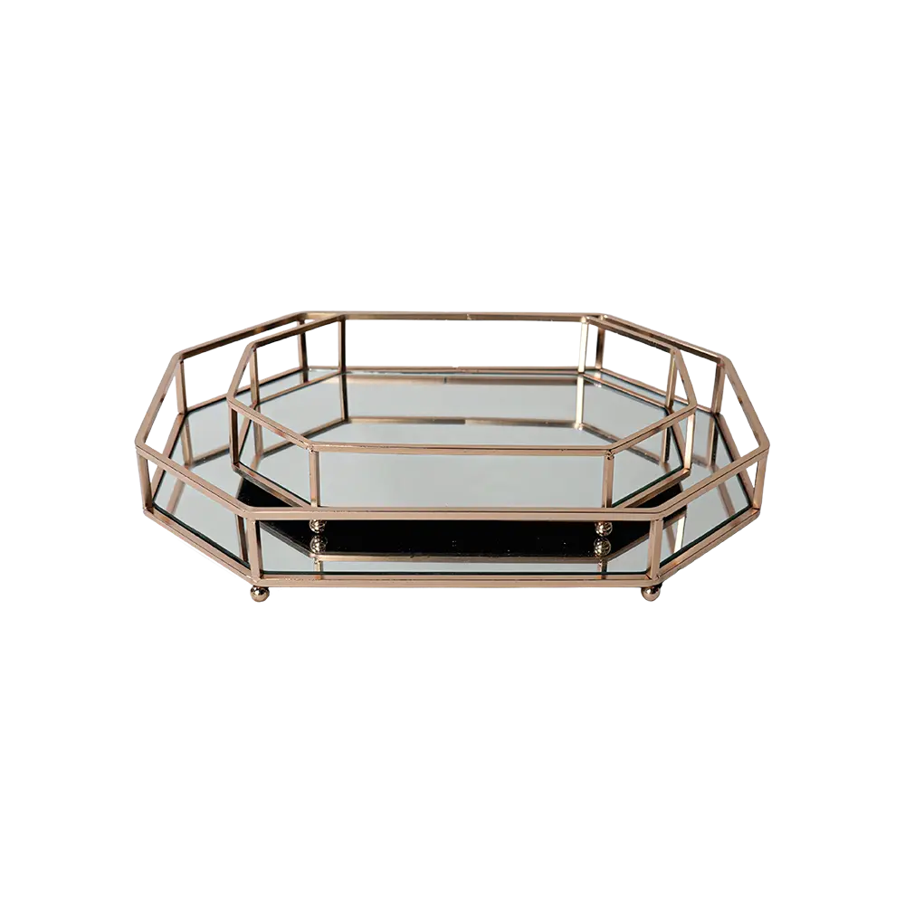 Gold octagonal shaped 2pcs mirror tray set