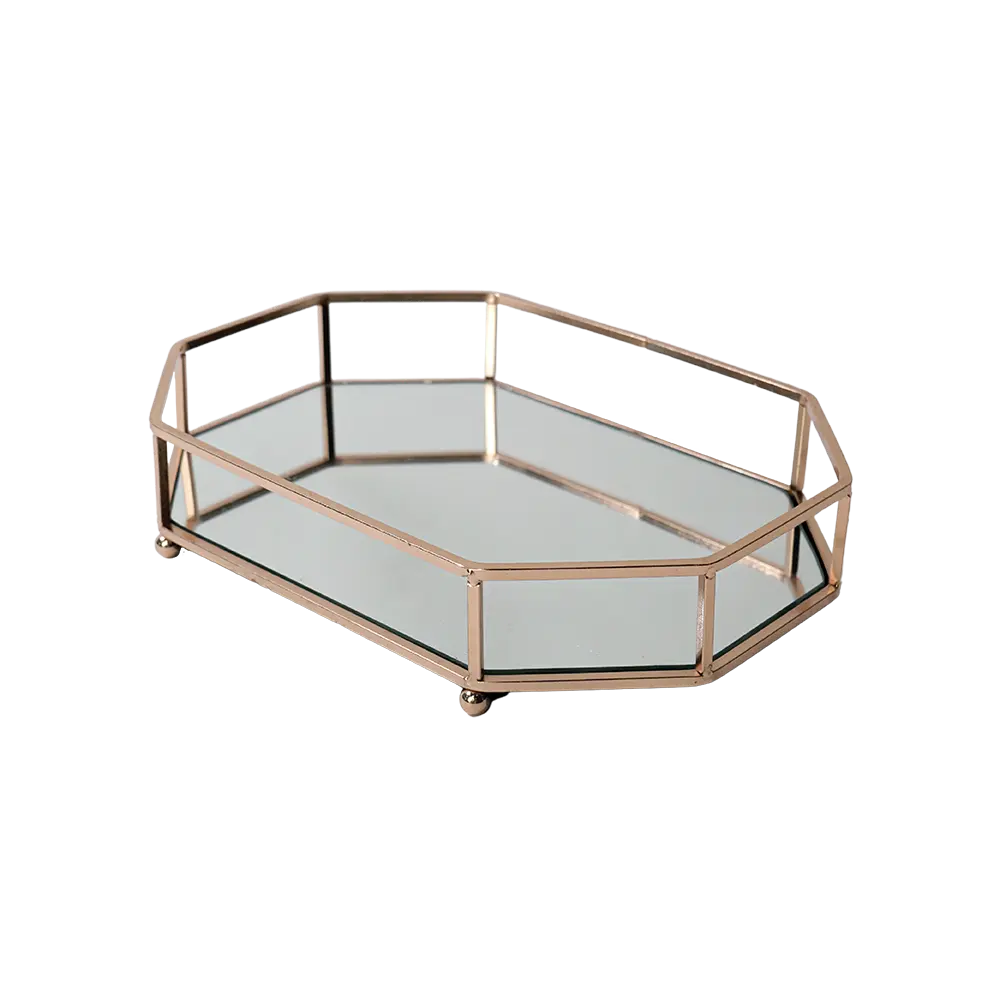 Gold octagonal shaped 2pcs mirror tray set2