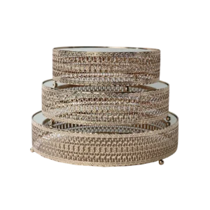Gold ornate circular 3pcs mirror tray set