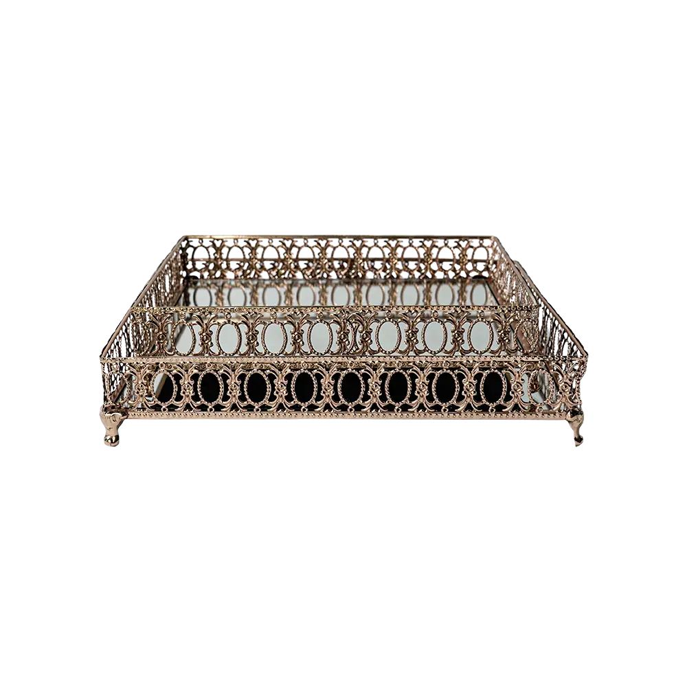 Gold ornate rectangular 2pcs mirror tray set