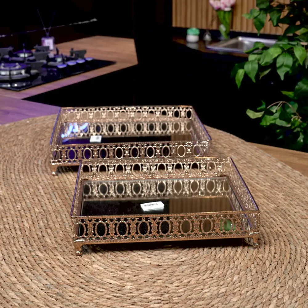 Gold ornate rectangular 2pcs mirror tray set1