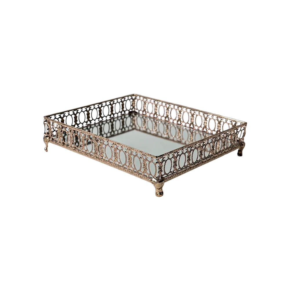 Gold ornate rectangular 2pcs mirror tray set2