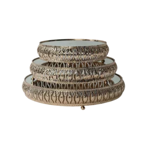 Gold ornate round 3pcs mirrored tray set