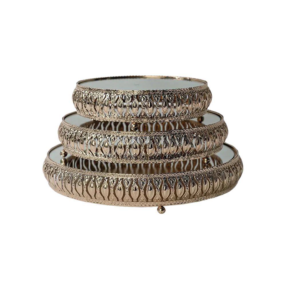 Gold ornate round 3pcs mirrored tray set