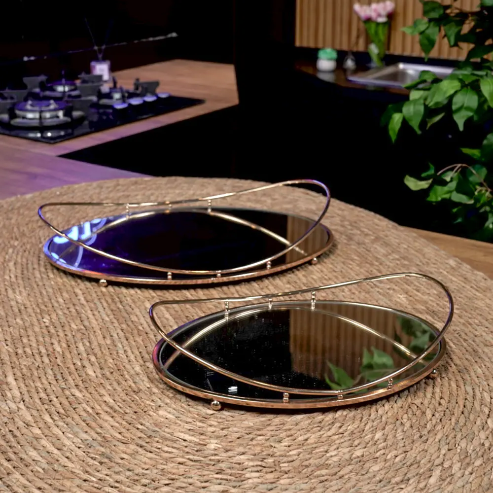 Gold oval 2pcs mirror tray set1