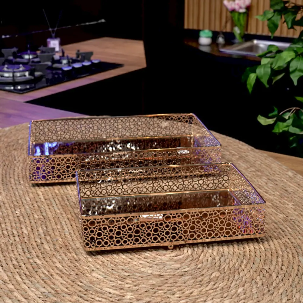 Gold rectangular 2pcs mirror tray set1