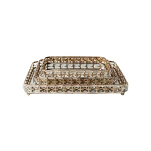 Gold rectangular 3pcs mirror tray set with crystal