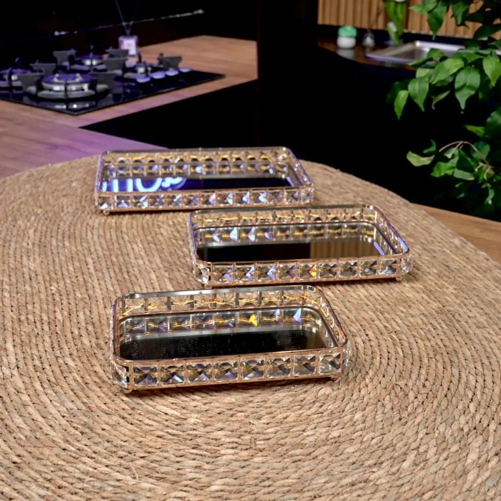 Gold rectangular 3pcs mirror tray set with crystal1