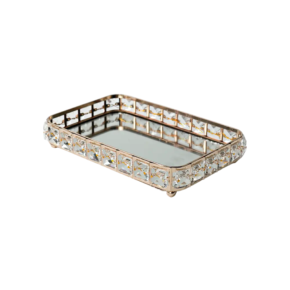 Gold rectangular 3pcs mirror tray set with crystal2