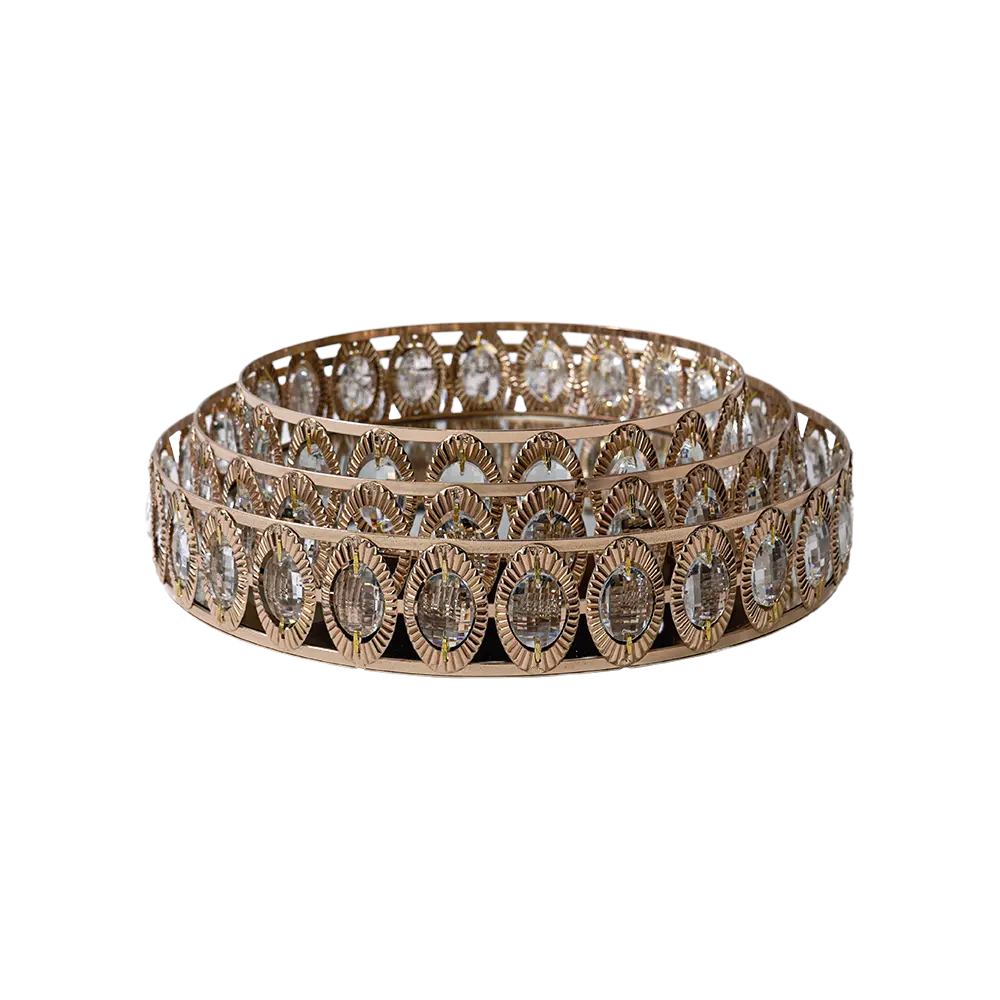 Gold round 3pcs mirror tray set with faceted crystal