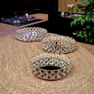 Gold round 3pcs mirror tray set with faceted crystal1