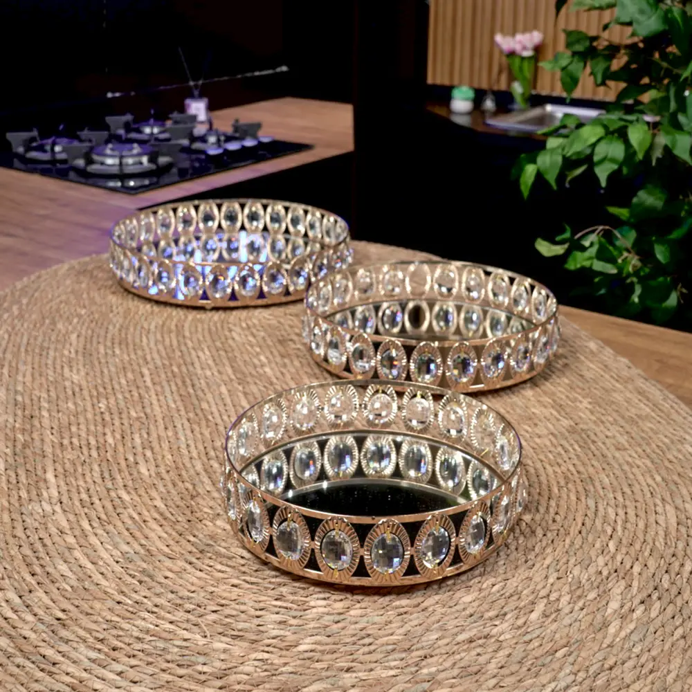 Gold round 3pcs mirror tray set with faceted crystal1