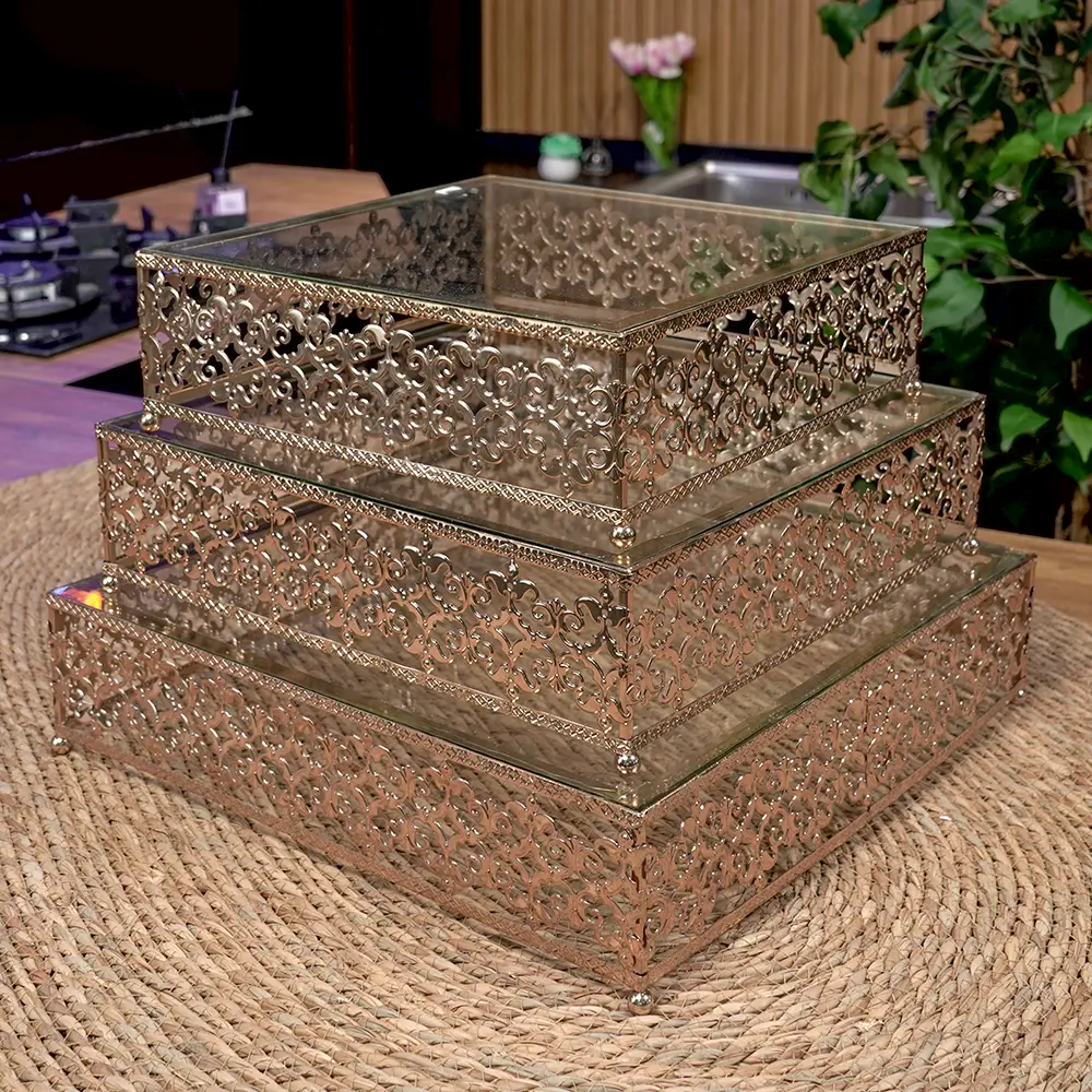 Gold victorian style 3pcs metal & glass tray set1