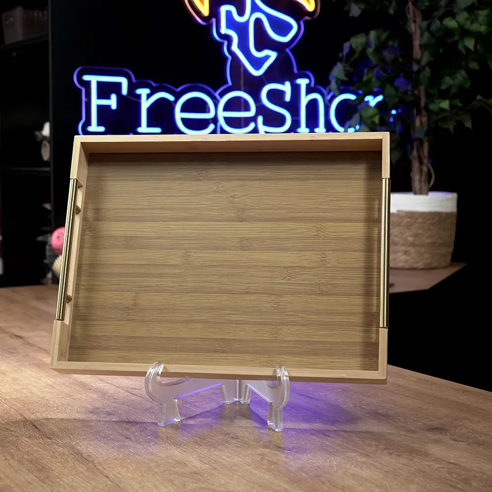 Wooden 45cm rectangular tray with iron handle1