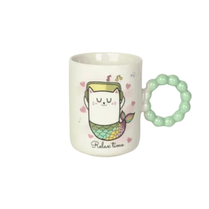 Ceramic cat design mug with aqua bubble design handle