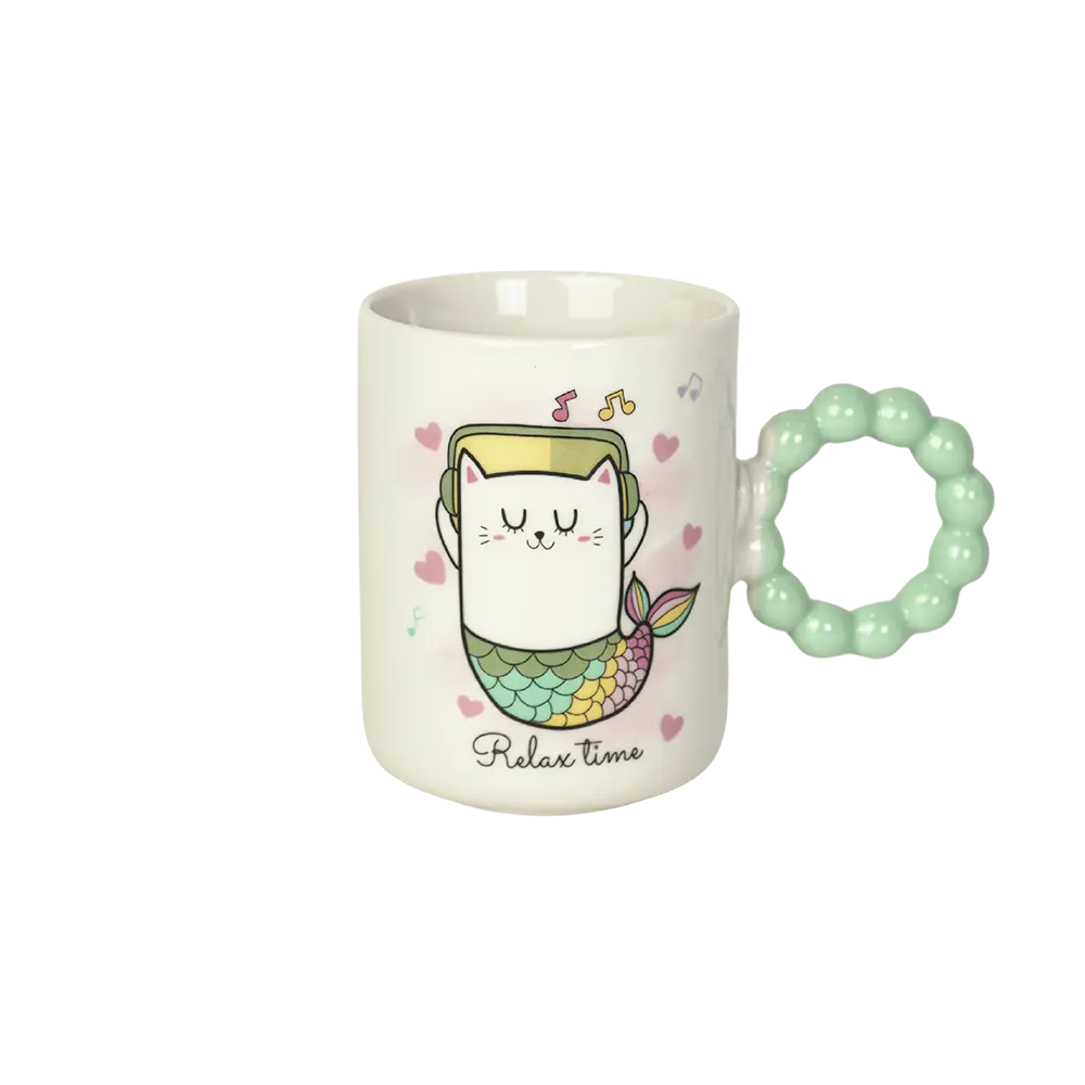 Ceramic cat design mug with aqua bubble design handle
