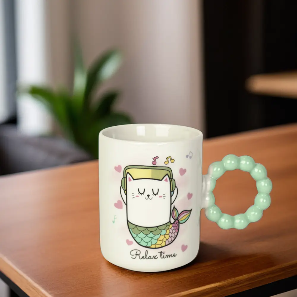 Ceramic cat design mug with aqua bubble design handle1