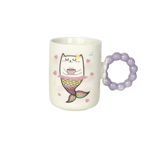 Ceramic cat design mug with purple bubble design handle