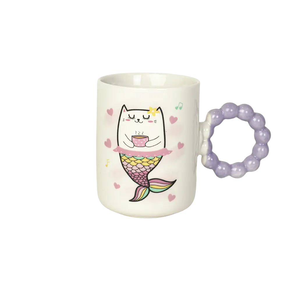 Ceramic-Cat-Design-Mug-with-Purple-Bubble-Design-Handle Ceramic cat design mug with purple bubble design handle