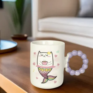 Ceramic cat design mug with purple bubble design handle1