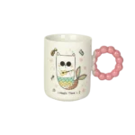 Ceramic cat design mug with purple pink design handle
