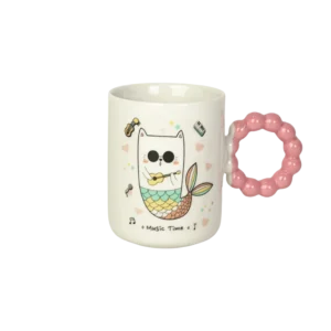 Ceramic cat design mug with purple pink design handle