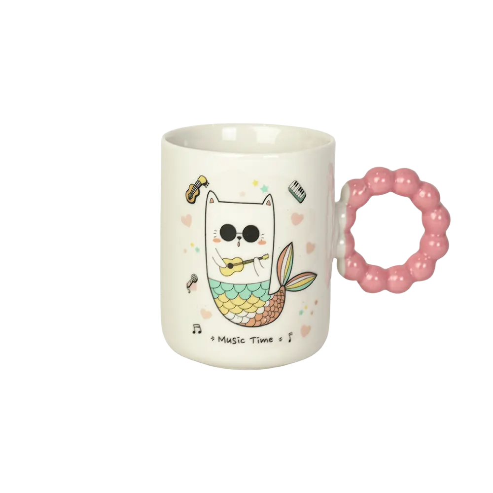 Ceramic-Cat-Design-Mug-with-Purple-Pink-Design-Handle Ceramic cat design mug with purple pink design handle