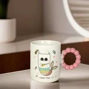 Ceramic cat design mug with purple pink design handle1