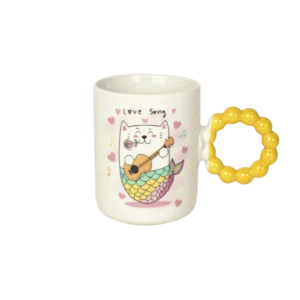Ceramic cat design mug with yellow bubble design handle