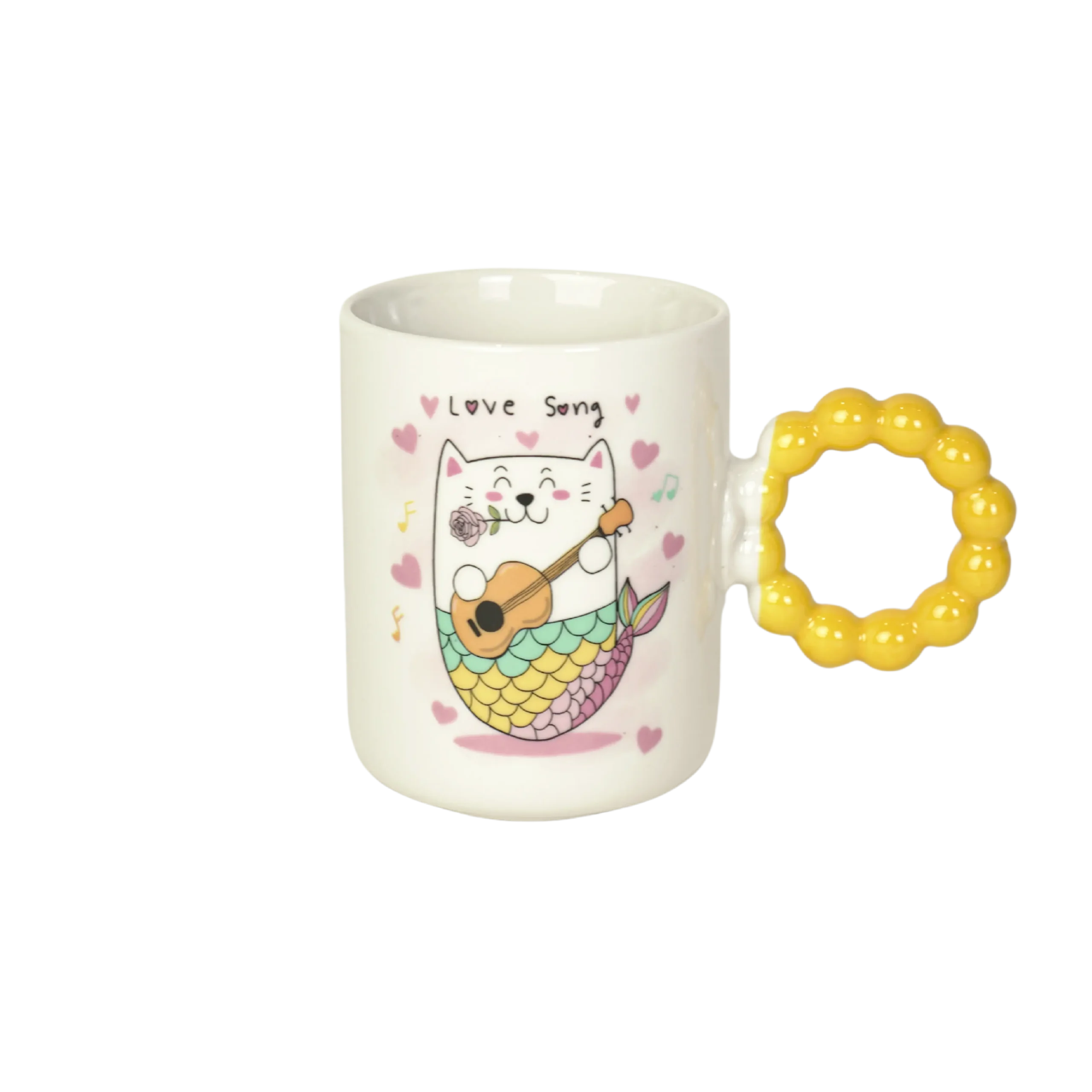 Ceramic cat design mug with yellow bubble design handle