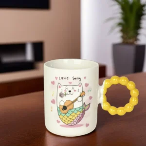 Ceramic cat design mug with yellow bubble design handle1