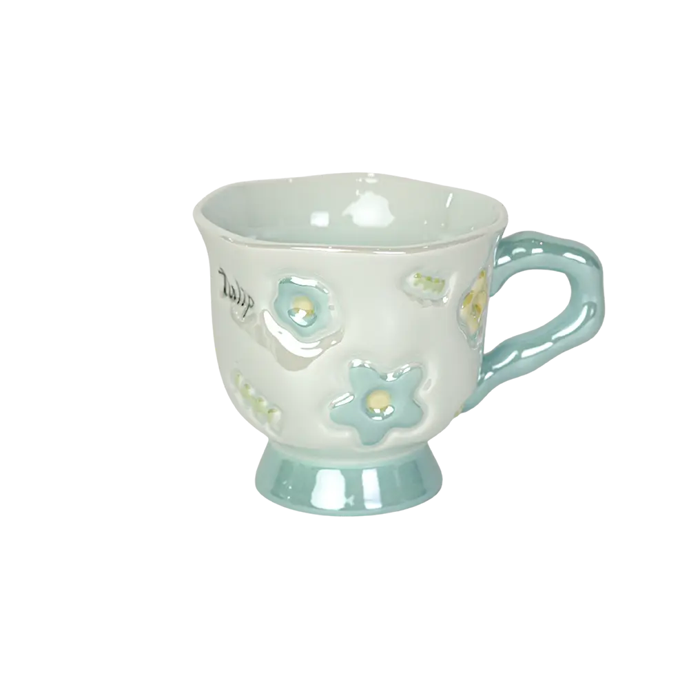 Ceramic flower design blue mug with handle
