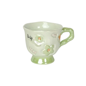 Ceramic flower design green mug with handle