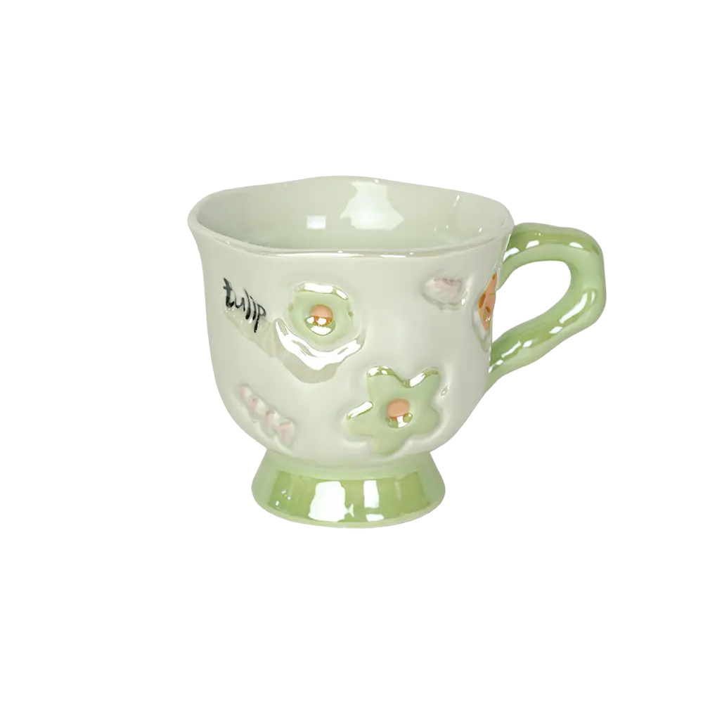 Ceramic flower design green mug with handle