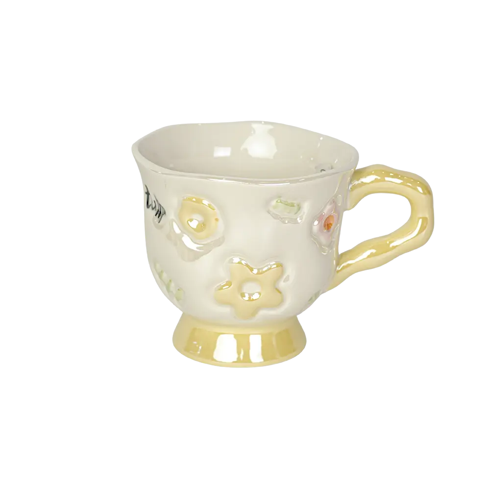 Ceramic flower design yellow mug with handle