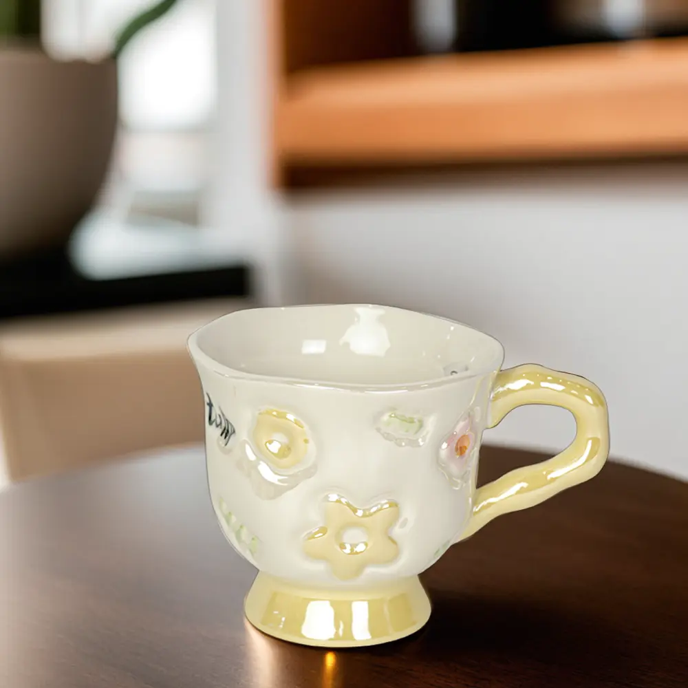 Ceramic flower design yellow mug with handle1